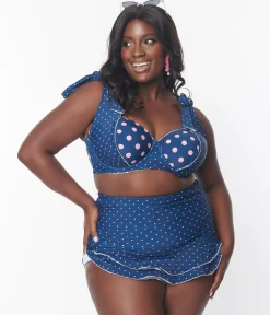 Unique Vintage Plus Size Navy & Pink Pin Dot Alice Swim Skirt