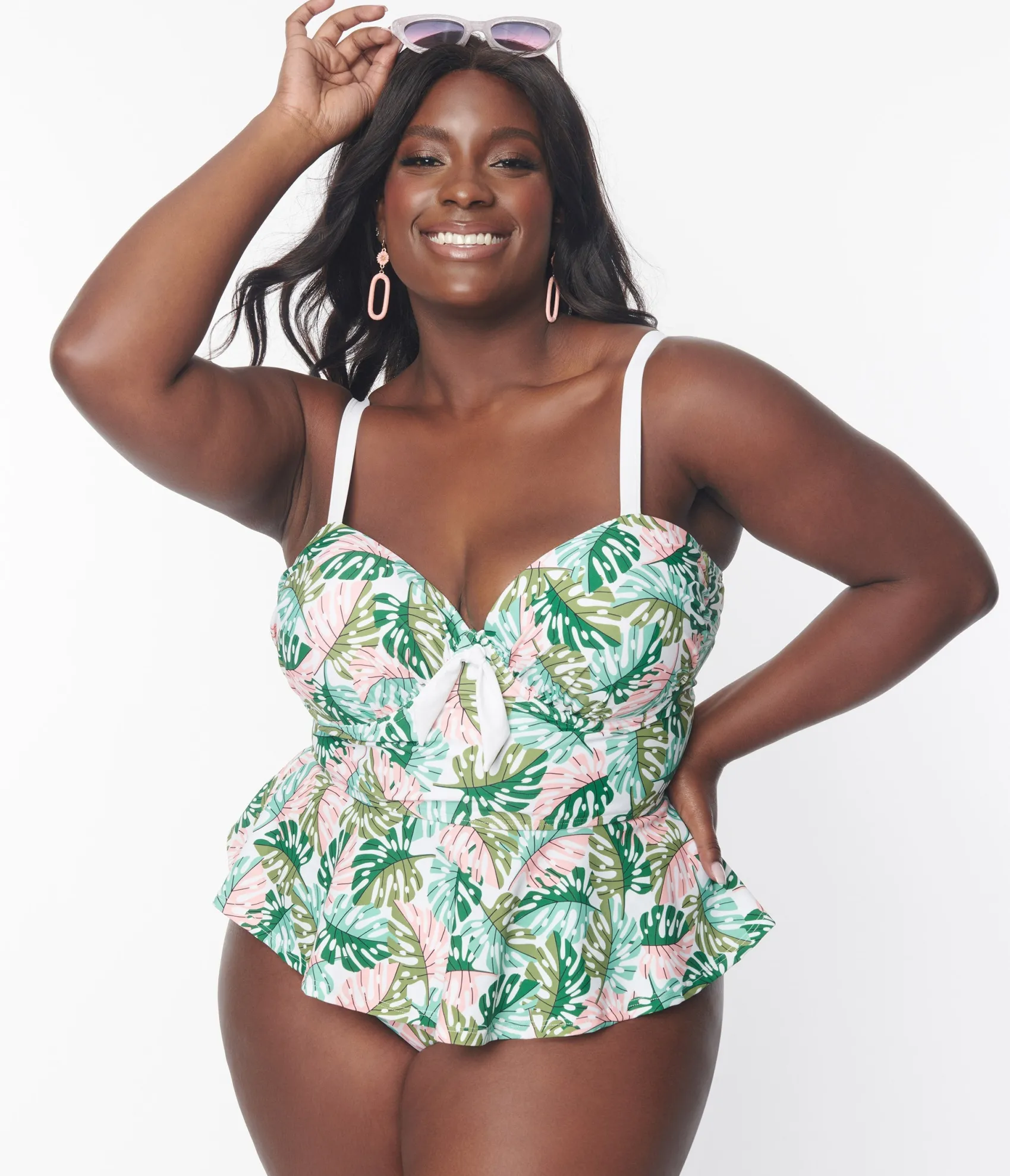 Unique Vintage Plus Size Green Monstera Print Daphne Swim Bottoms
