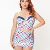 Unique Vintage Plus Size Pastel Madras Plaid Sailor Swim Bottom