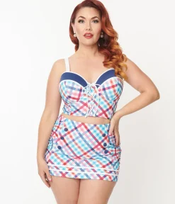 Unique Vintage Plus Size Pastel Madras Plaid Sailor Swim Bottom