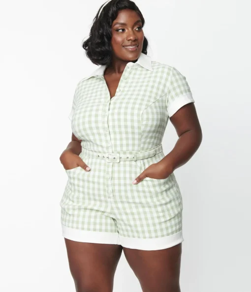Unique Vintage Plus Size Sage & White Gingham Patsy Romper
