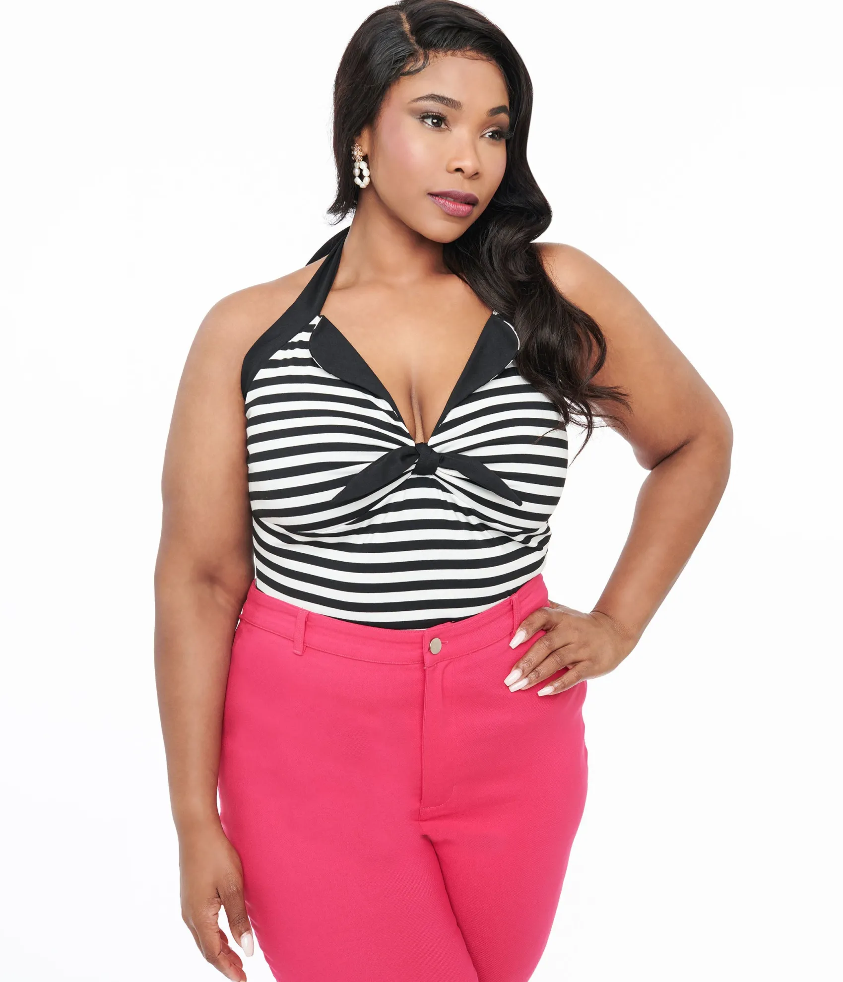 Unique Vintage Plus Size Black & White Striped Halter Top
