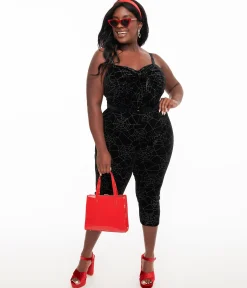 Unique Vintage Plus Size 1950s Black Velvet & Silver Web Cropped Jumpsuit
