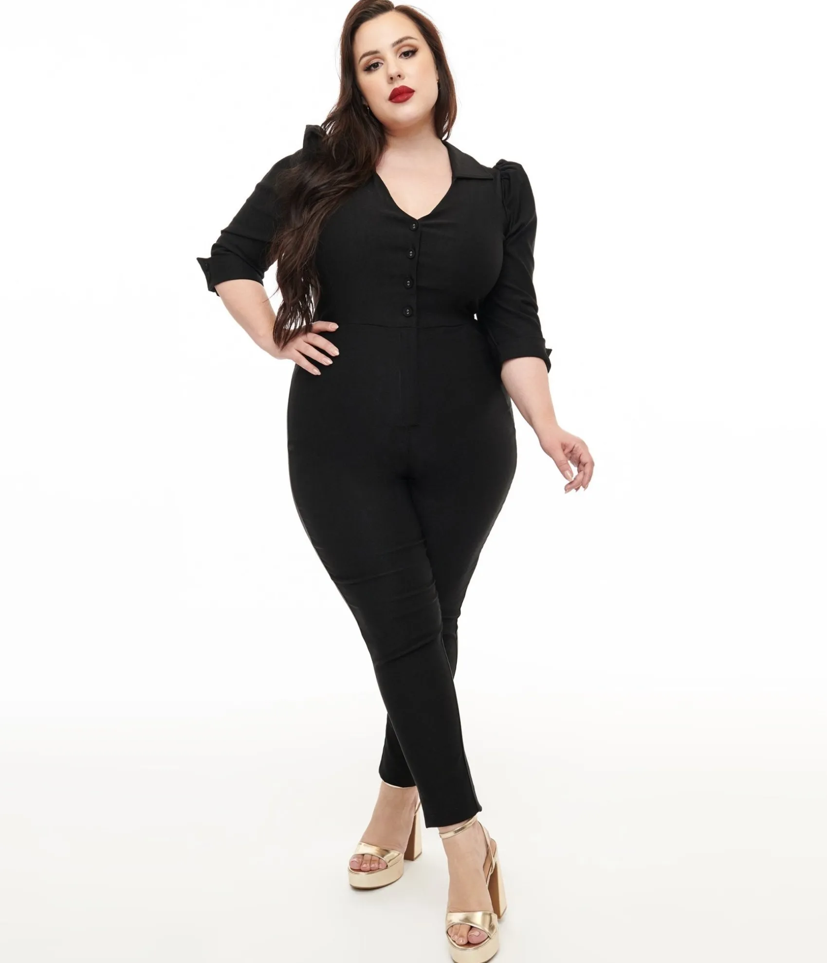 Unique Vintage Plus Size 1950s Black Puff Sleeve Jumpsuit
