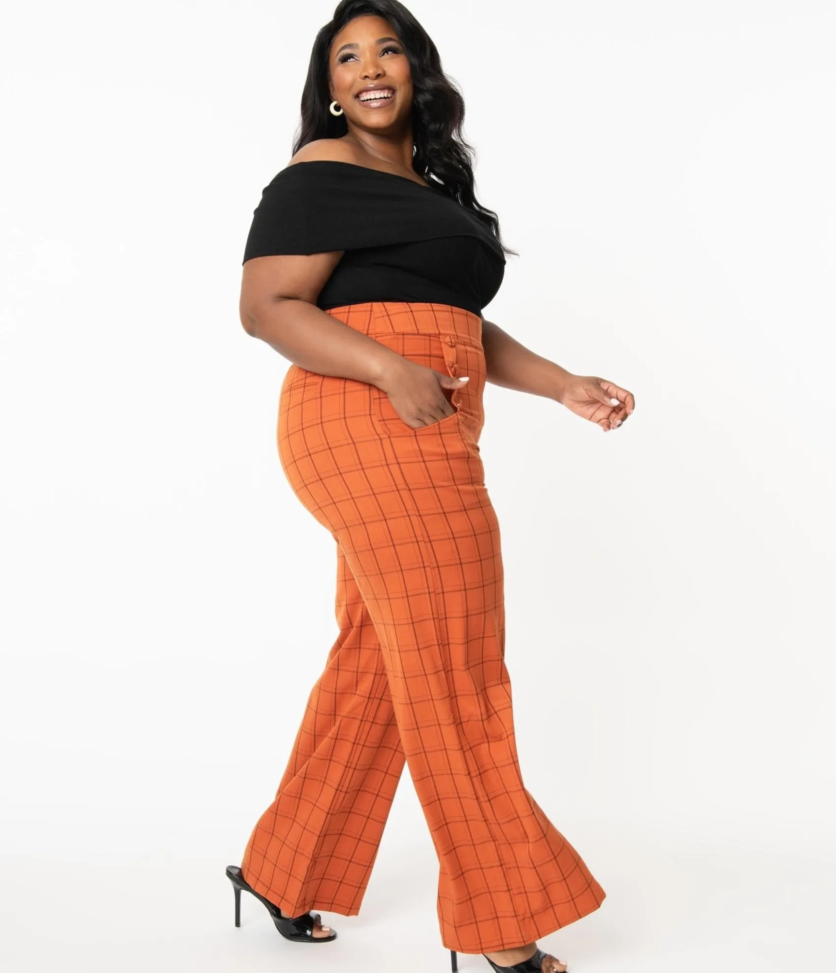 Unique Vintage Plus Size 1940s Orange Windowpane High Waist Ginger Pants