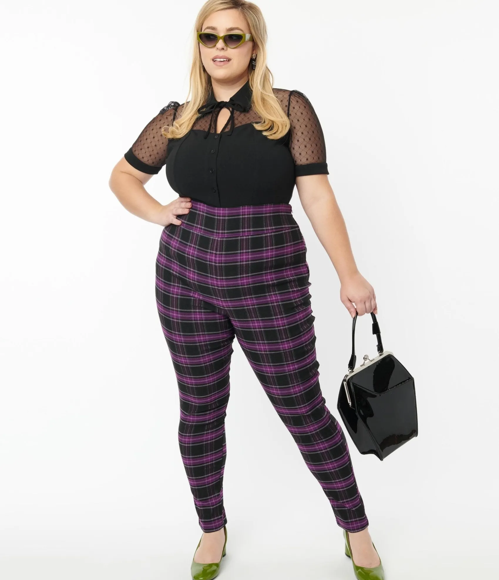 Unique Vintage Plus Size 1970s Purple & Black Plaid Rizzo Cigarette Pants