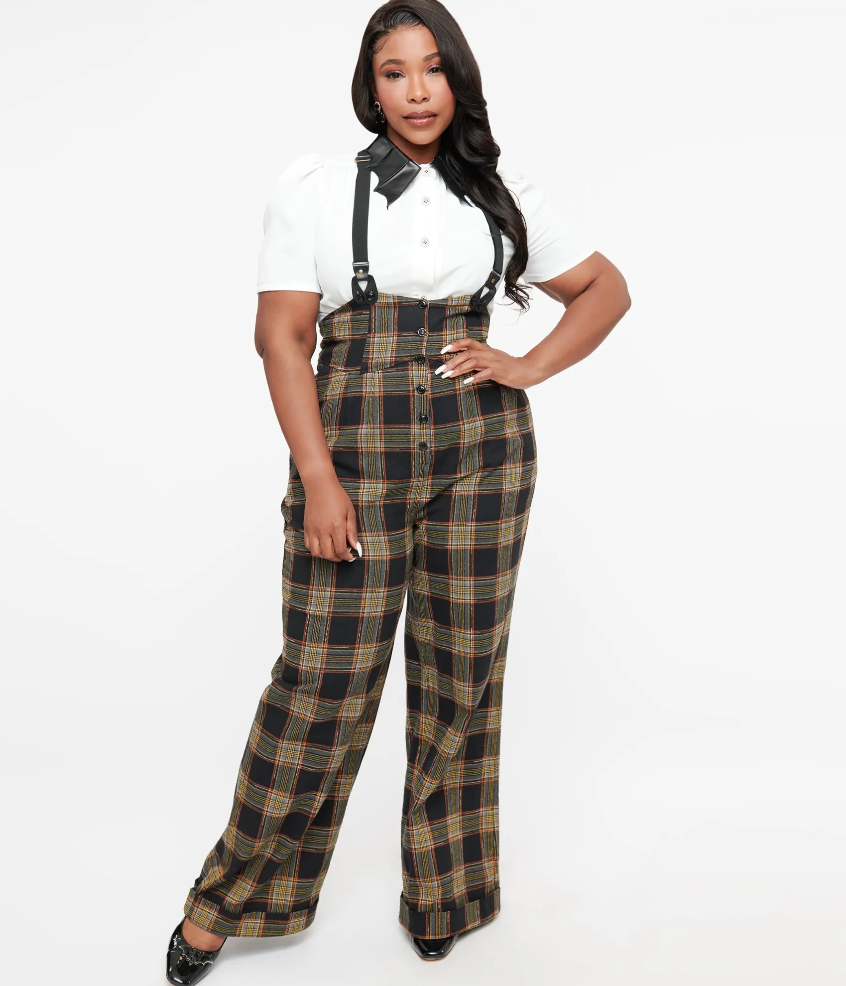 Unique Vintage Plus Size 1930s Black & Orange Plaid Thelma Suspender Pants