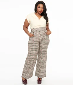Unique Vintage Plus Size 1940s Beige Plaid High Waist Sailor Ginger Pants