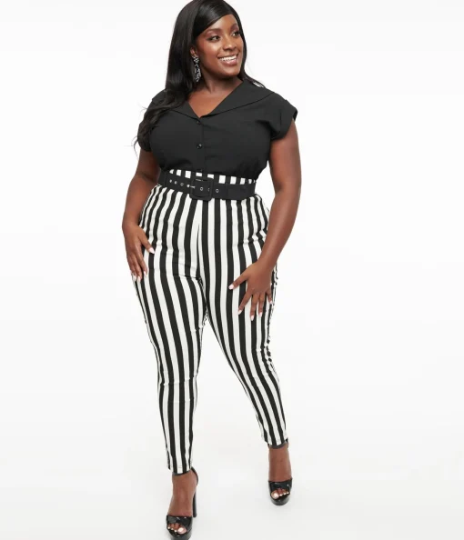 Unique Vintage Plus Size Black & White Stripe Belted Rizzo Cigarette Pants