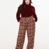 Unique Vintage Plus Size Burgundy Plaid Double Belt Woven Pants