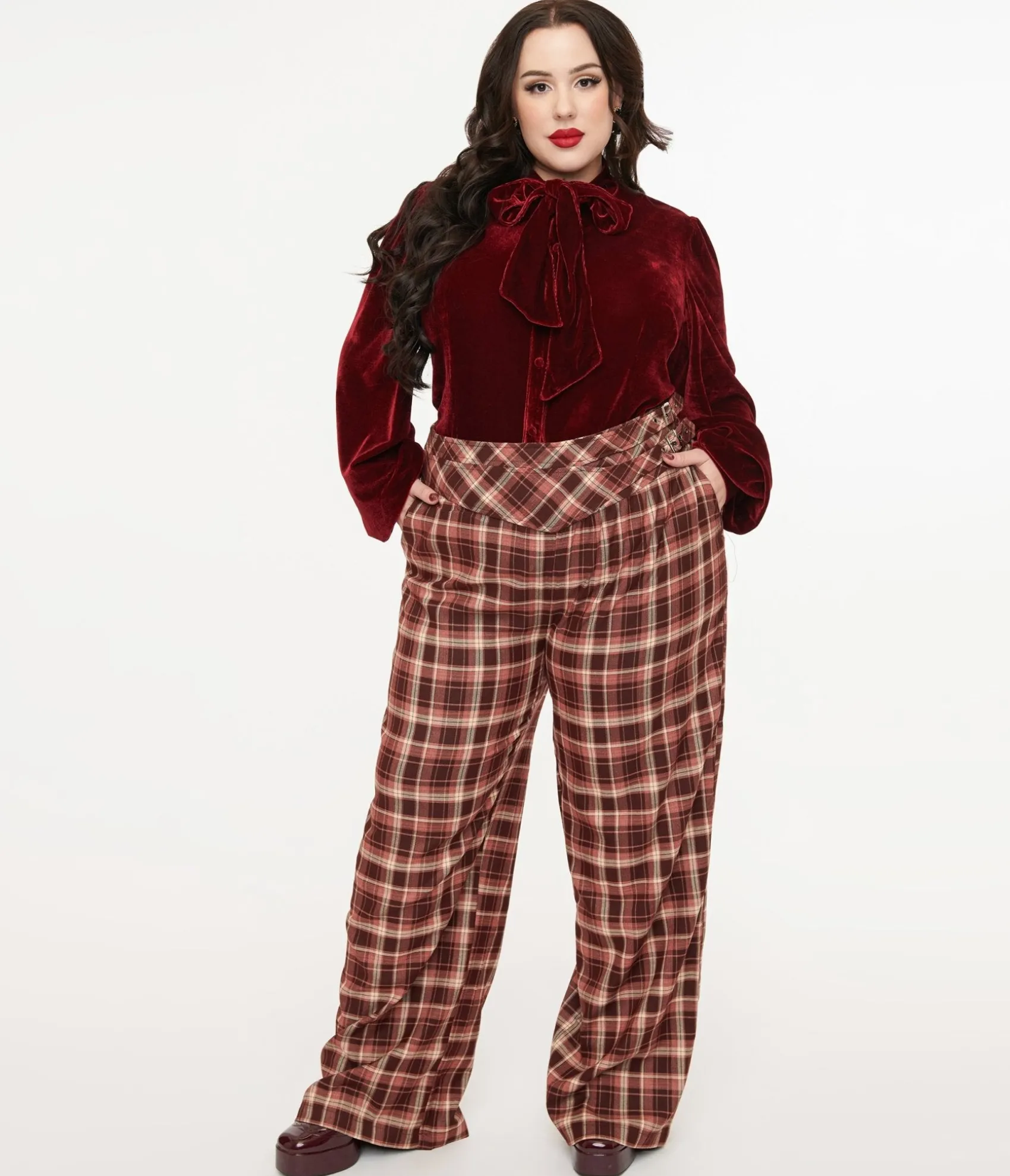 Unique Vintage Plus Size Burgundy Plaid Double Belt Woven Pants