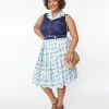 Unique Vintage Plus Size White & Blue Floral Eyelet Collins Wrap Swing Skirt