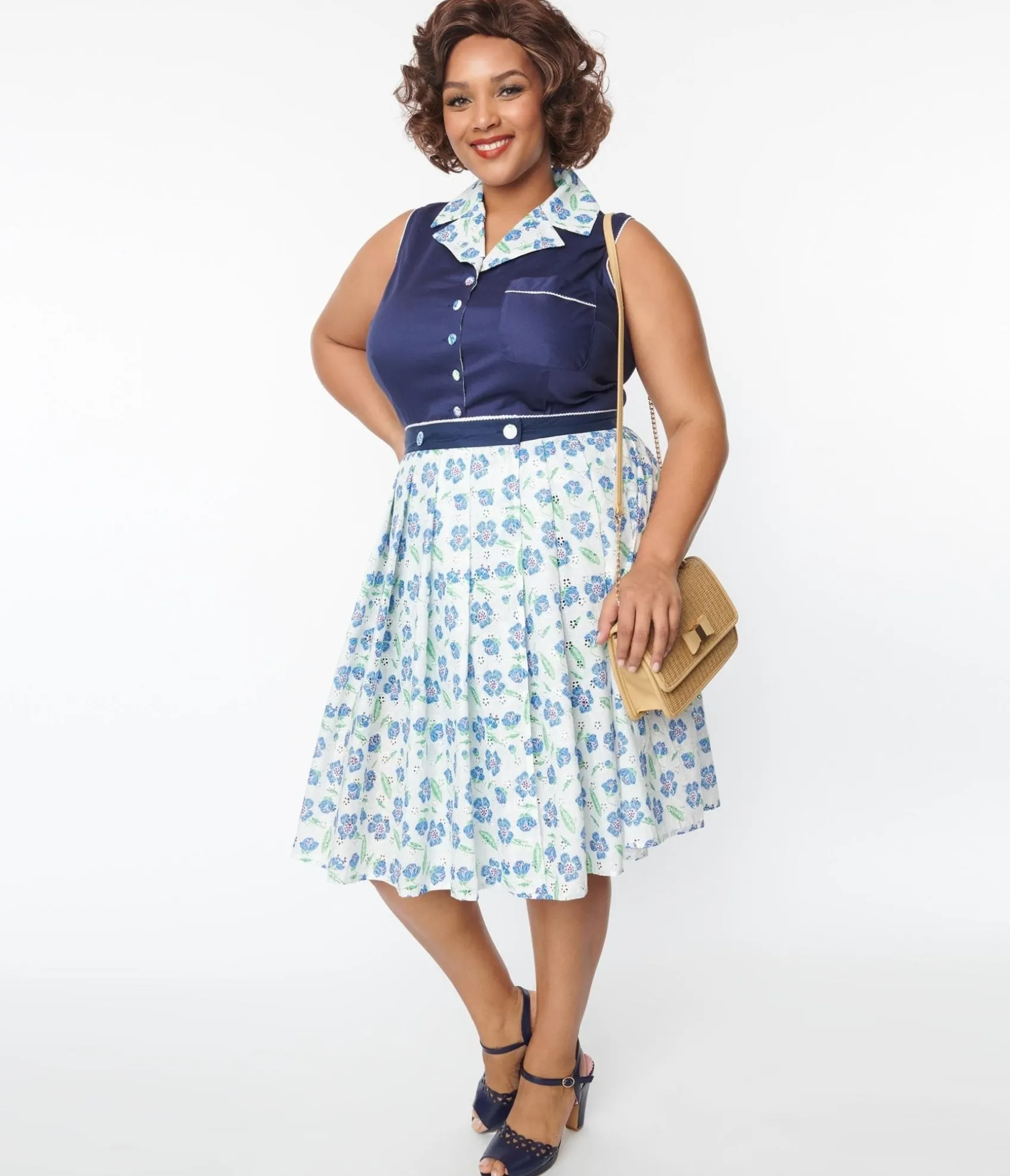Unique Vintage Plus Size White & Blue Floral Eyelet Collins Wrap Swing Skirt