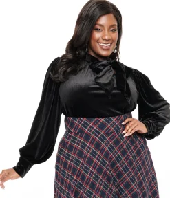 Unique Vintage Plus Size 1940s Black Velvet Long Sleeve Bow Blouse