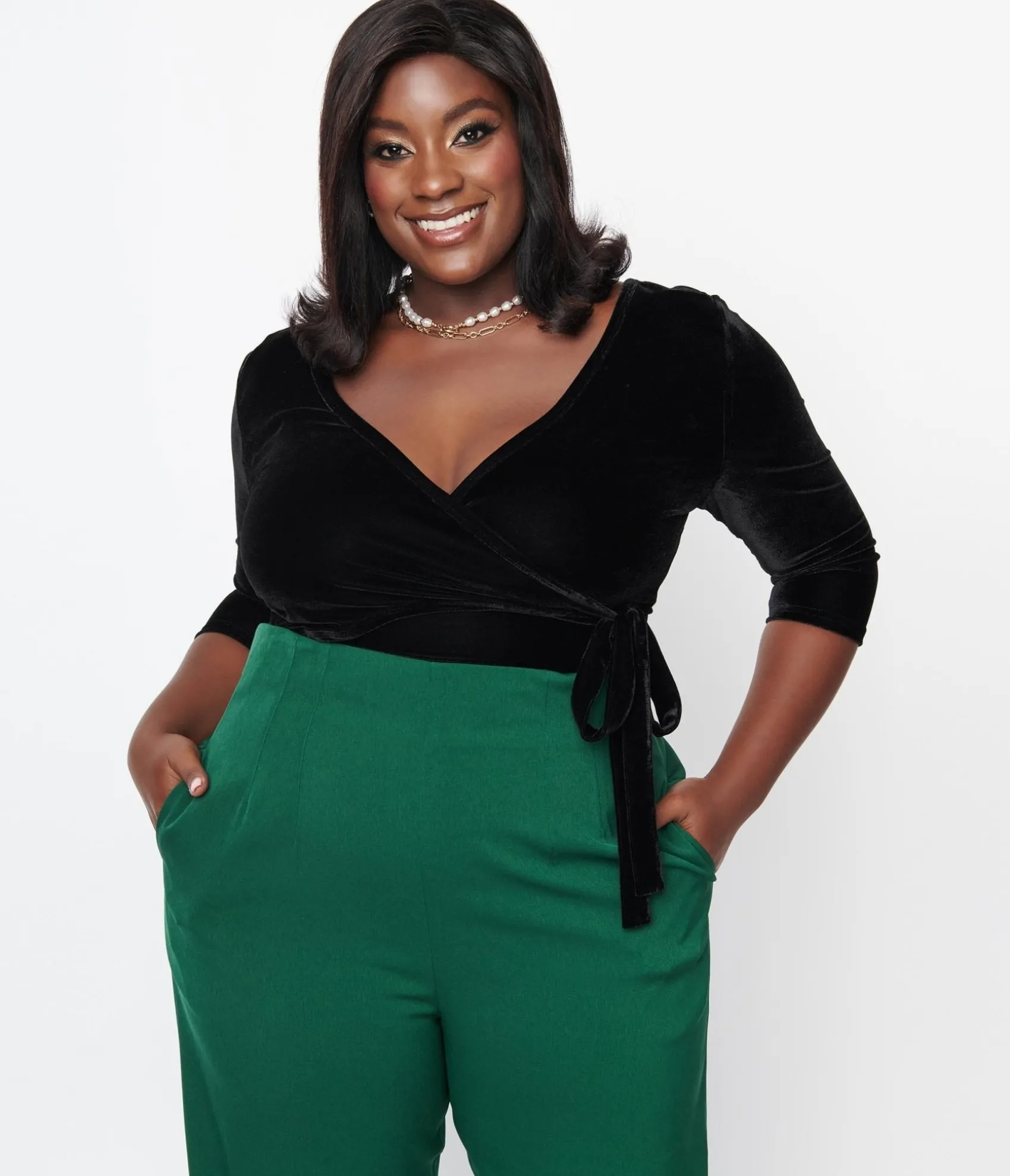 Unique Vintage Plus Size 1970s Black Velvet Surplice Bodysuit