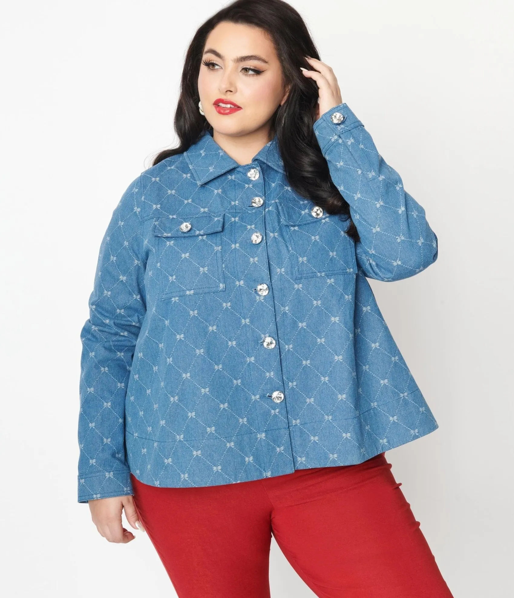 Unique Vintage Plus Size Blue Bow Denim Jacket
