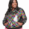 Unique Vintage Plus Size Rainbow Sequin Satin Bomber Jacket