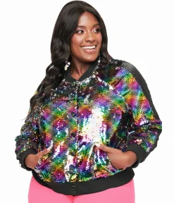 Unique Vintage Plus Size Rainbow Sequin Satin Bomber Jacket