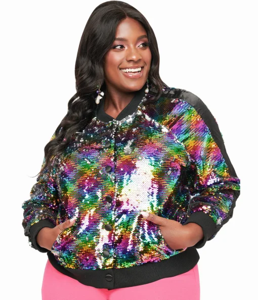Unique Vintage Plus Size Rainbow Sequin Satin Bomber Jacket
