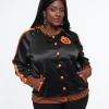 Unique Vintage Plus Size Black & Orange Scream Queen Satin Bomber Jacket