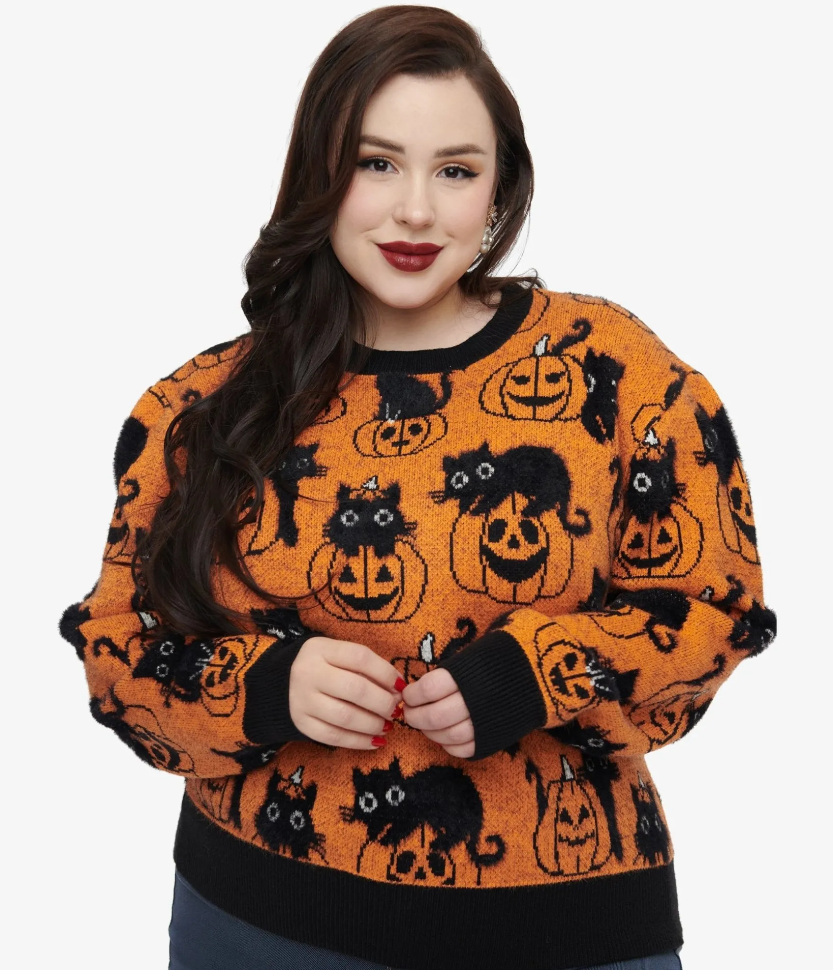 Unique Vintage Plus Size Orange Pumpkin & Black Cat Print Sweater