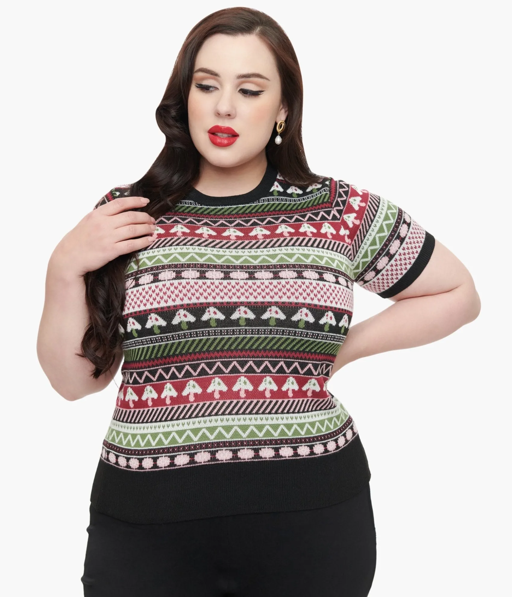 Unique Vintage Plus Size 1950s Mushroom Jacquard Sweater