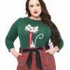 Unique Vintage Plus Size 1960s Forest Green & Cream Cat Lorelai Sweater