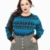 Unique Vintage Plus Size 1950s Teal Snowflakes & Cats Sweater