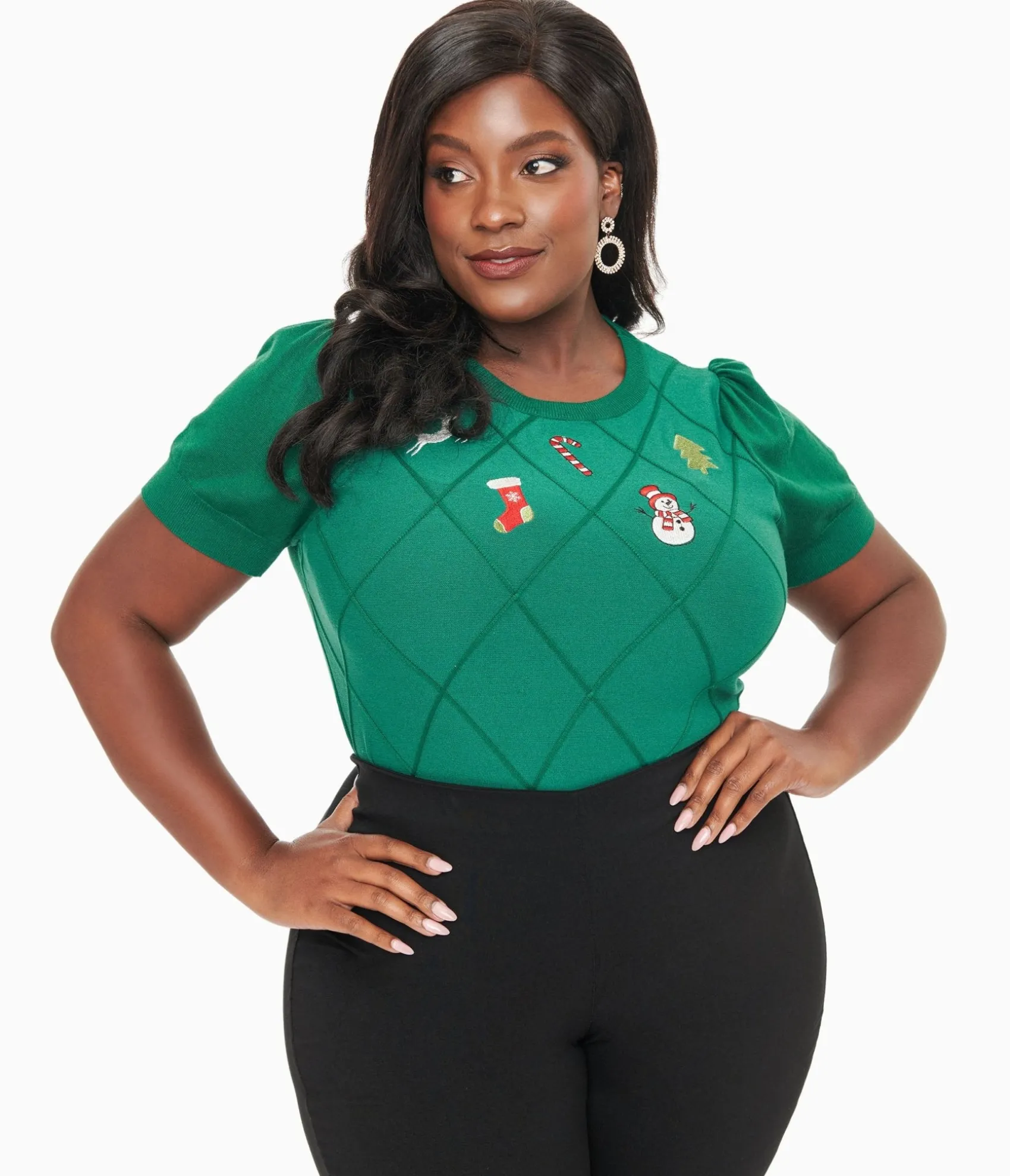 Unique Vintage Plus Size 1950s Green Christmas Embroidered Sweater