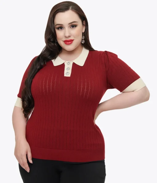 Unique Vintage Plus Size 1950s Burgundy & Rhinestone Buttons Prim & Pretty Sweater