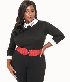 Unique Vintage Plus Size Black & White Candy Cane Print Contrast Sabrina Sweater