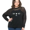Unique Vintage Plus Size Black Cat Open Weave Cotton Sweater