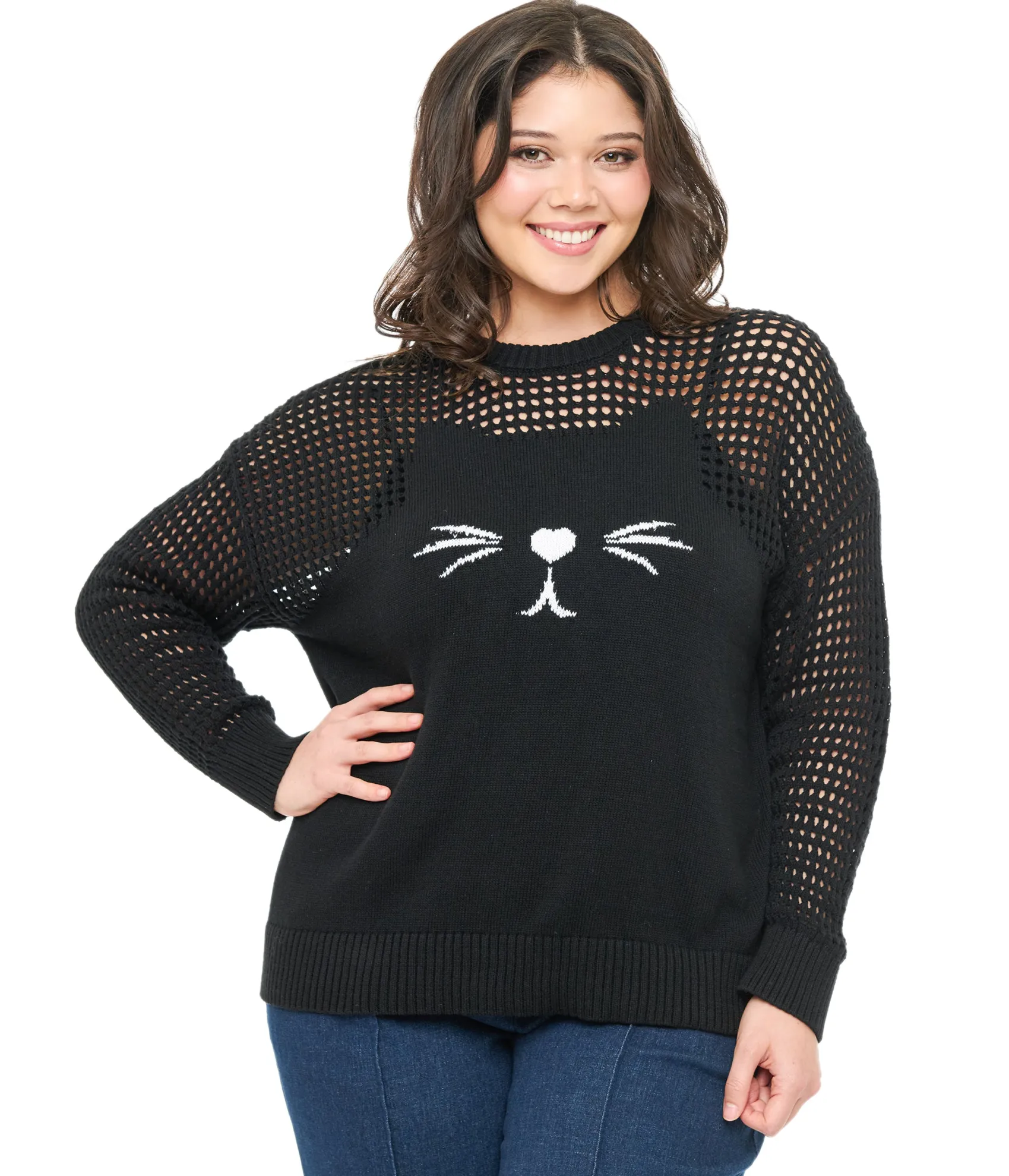 Unique Vintage Plus Size Black Cat Open Weave Cotton Sweater