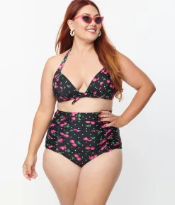 Unique Vintage Plus Size 1950s Black & Hot Pink Cherry Pin Dot Monroe Swim Bottom