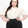 Unique Vintage Plus Size Cream Short Sleeve Neck Tie Gwen Blouse