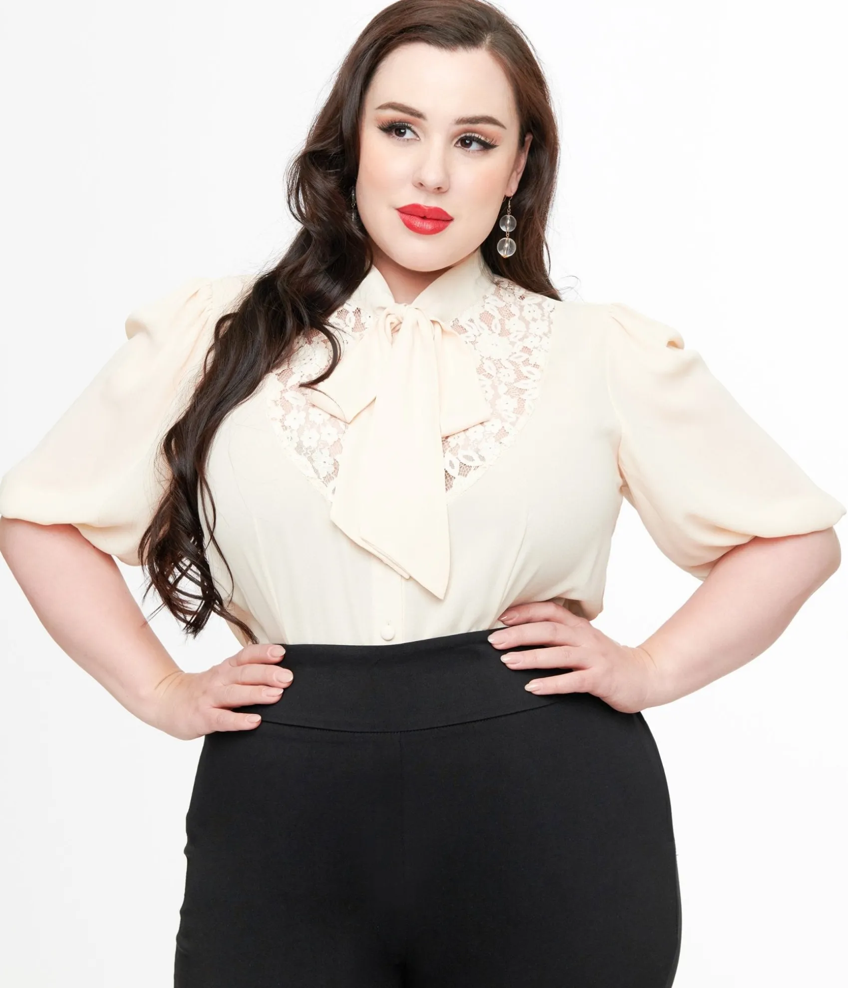 Unique Vintage Plus Size Cream Short Sleeve Neck Tie Gwen Blouse