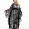Unique Vintage Plus Size 1960s Black Baroque Skull Burnout Fringe Flutter Sleeve Caftan