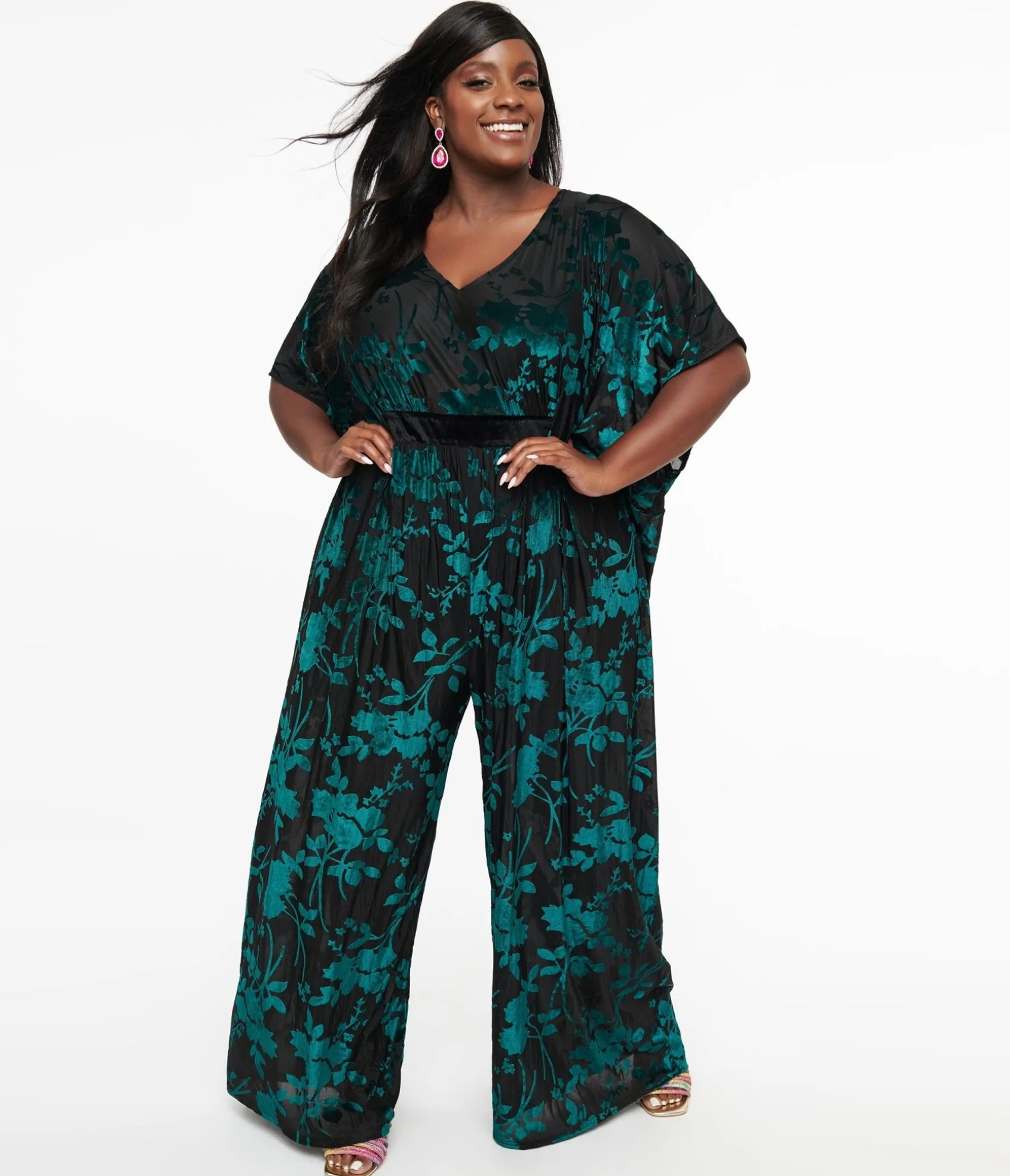 Unique Vintage Plus Size 1970s Black & Teal Velvet Floral Burnout Caftan Jumpsuit