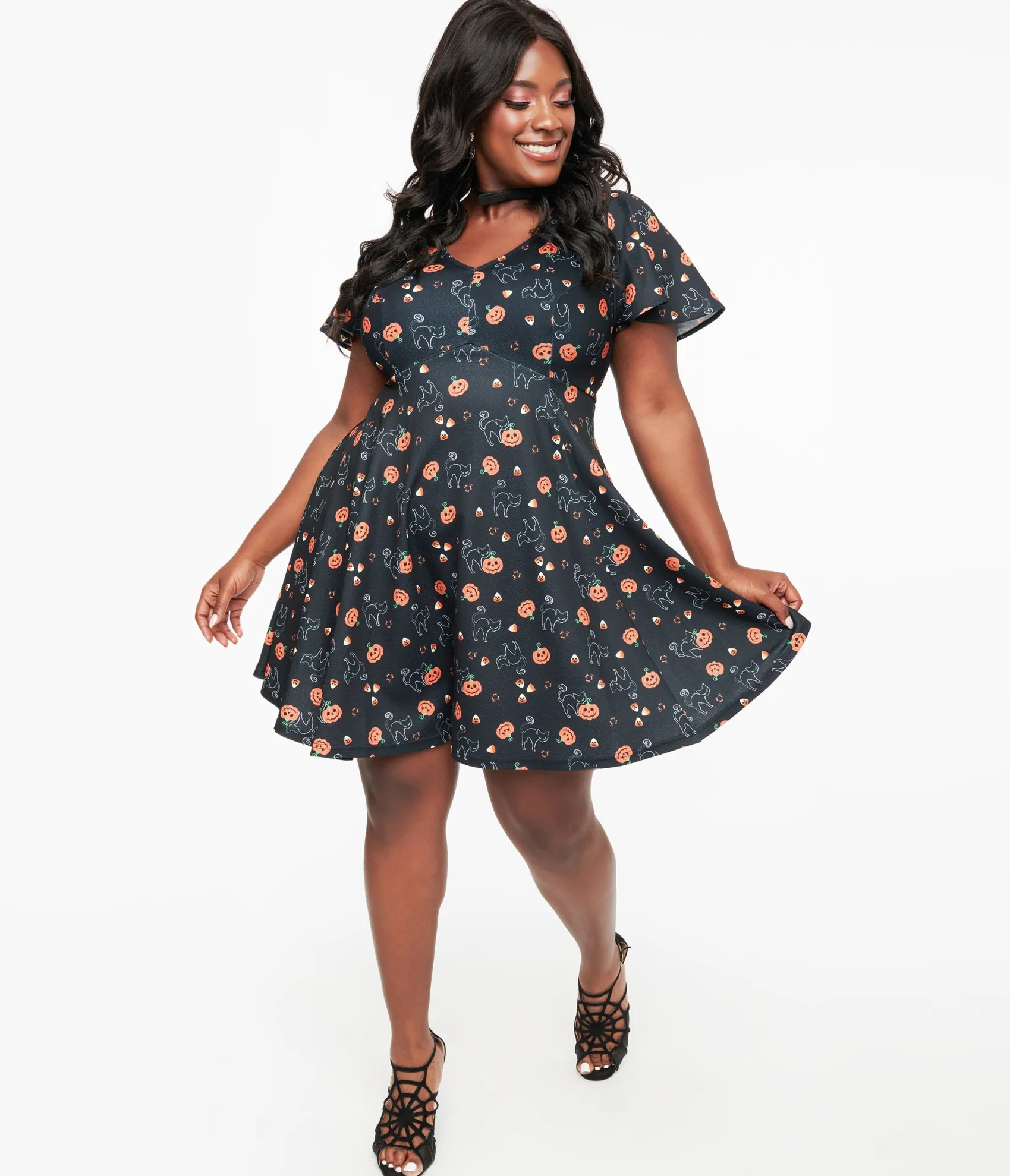 Unique Vintage Plus Size 1950s Black Spooky Cats & Pumpkins Poppy Flare Dress