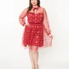 Unique Vintage Plus Size Red & Gold Glitter Heart Flare Dress
