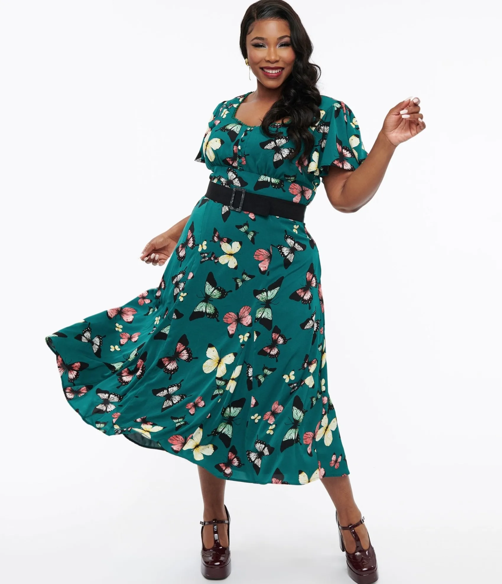 Unique Vintage Plus Size 1940s Green Butterfly Print Midi Dress