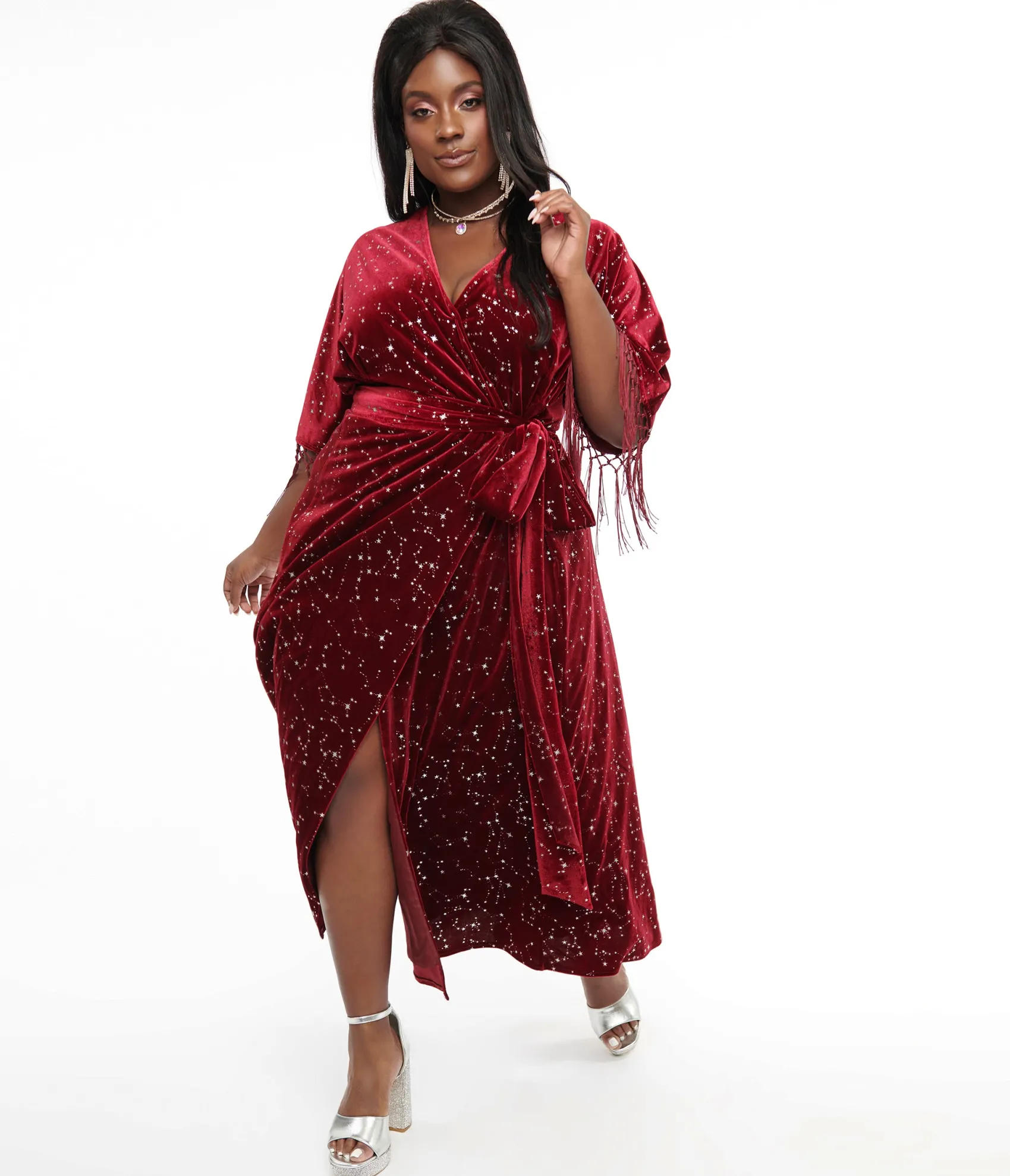 Unique Vintage Plus Size 1970s Burgundy Velvet Silver Star Wrap Midi Dress