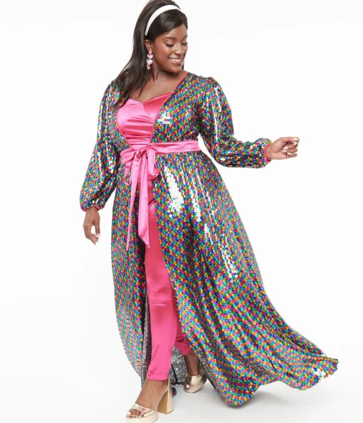 Unique Vintage Plus Size Rainbow Sequins Hollywood Duster