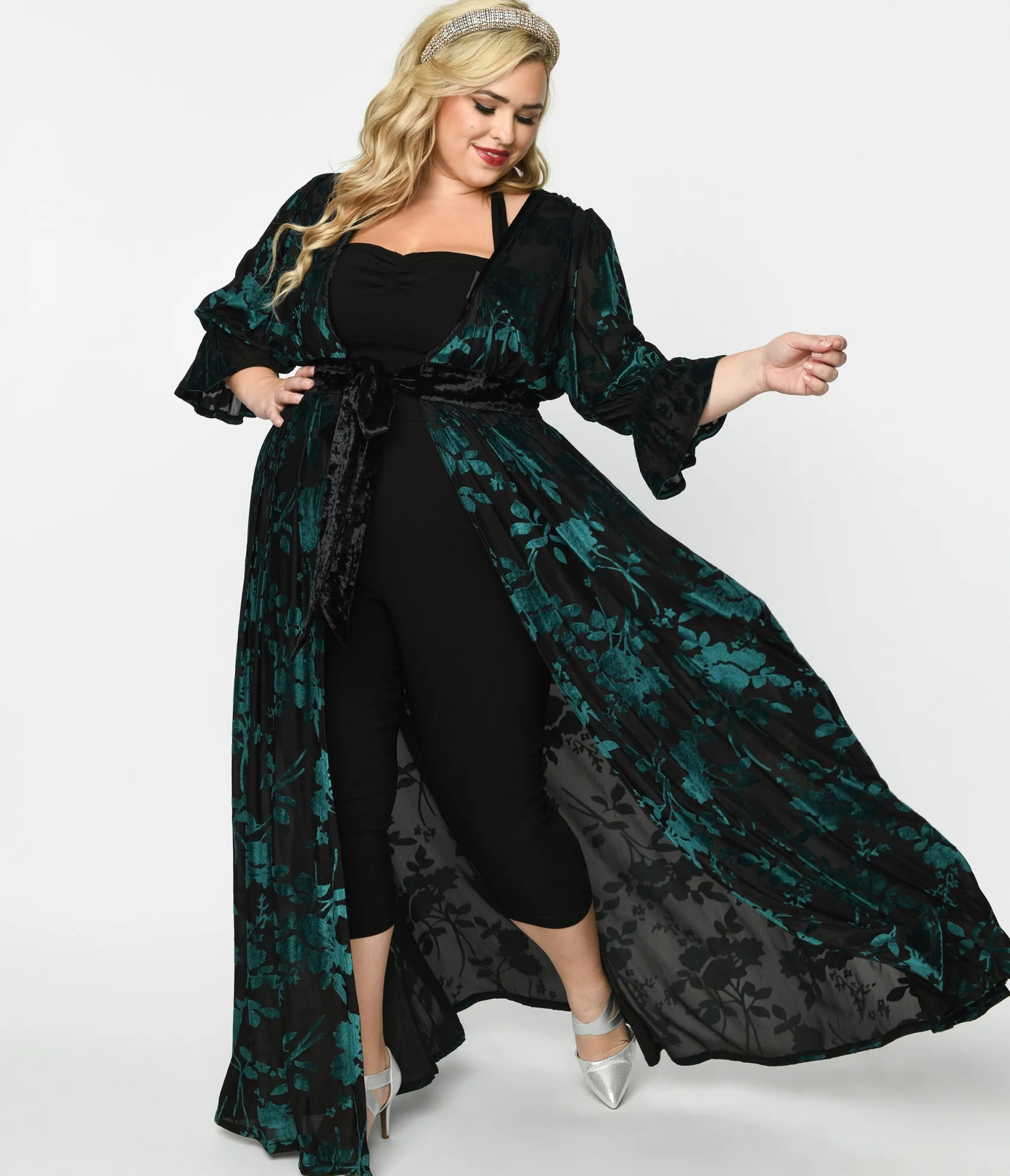 Unique Vintage Plus Size Black & Teal Floral Velvet Burnout Duster