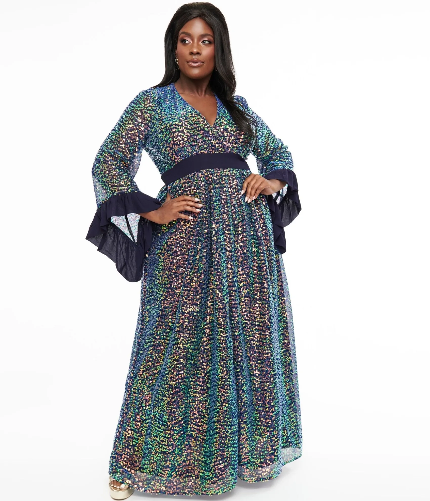 Unique Vintage Plus Size 1970s Navy Glitter Sequin Maxi Dress