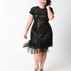 Unique Vintage Plus Size 1920s Black Sequin Fringe Del Mar Flapper Dress