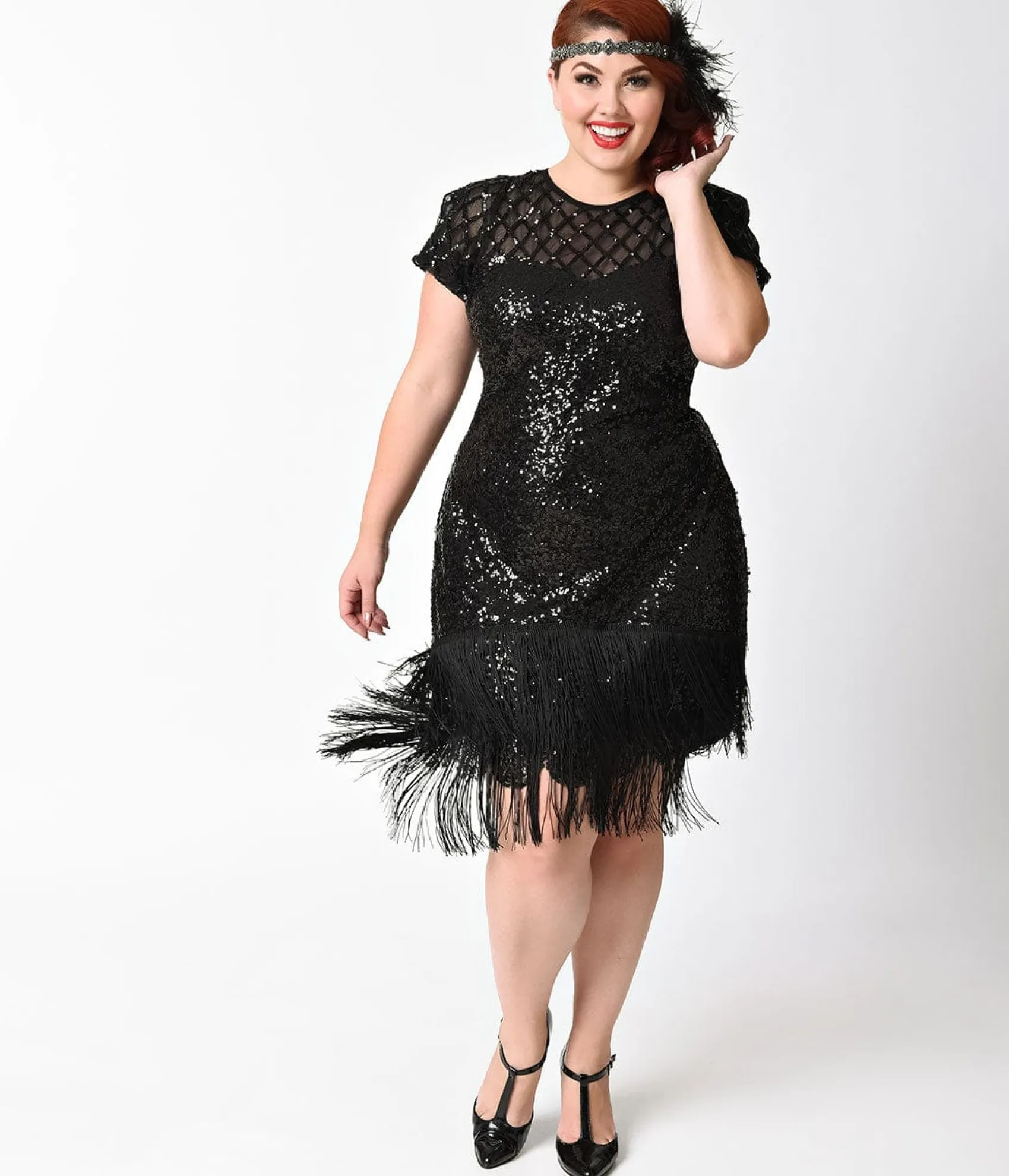 Unique Vintage Plus Size 1920s Black Sequin Fringe Del Mar Flapper Dress