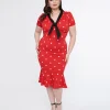 Unique Vintage Plus Size Red & White Polka Dot Neck Tie Wiggle Dress