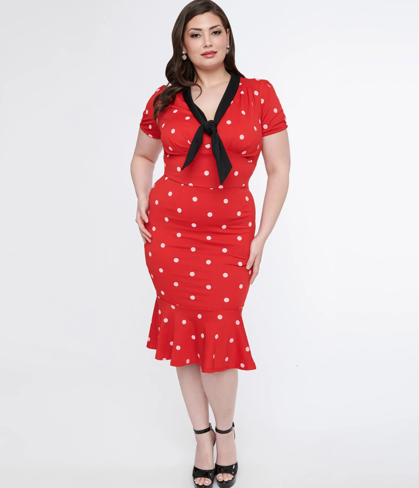 Unique Vintage Plus Size Red & White Polka Dot Neck Tie Wiggle Dress
