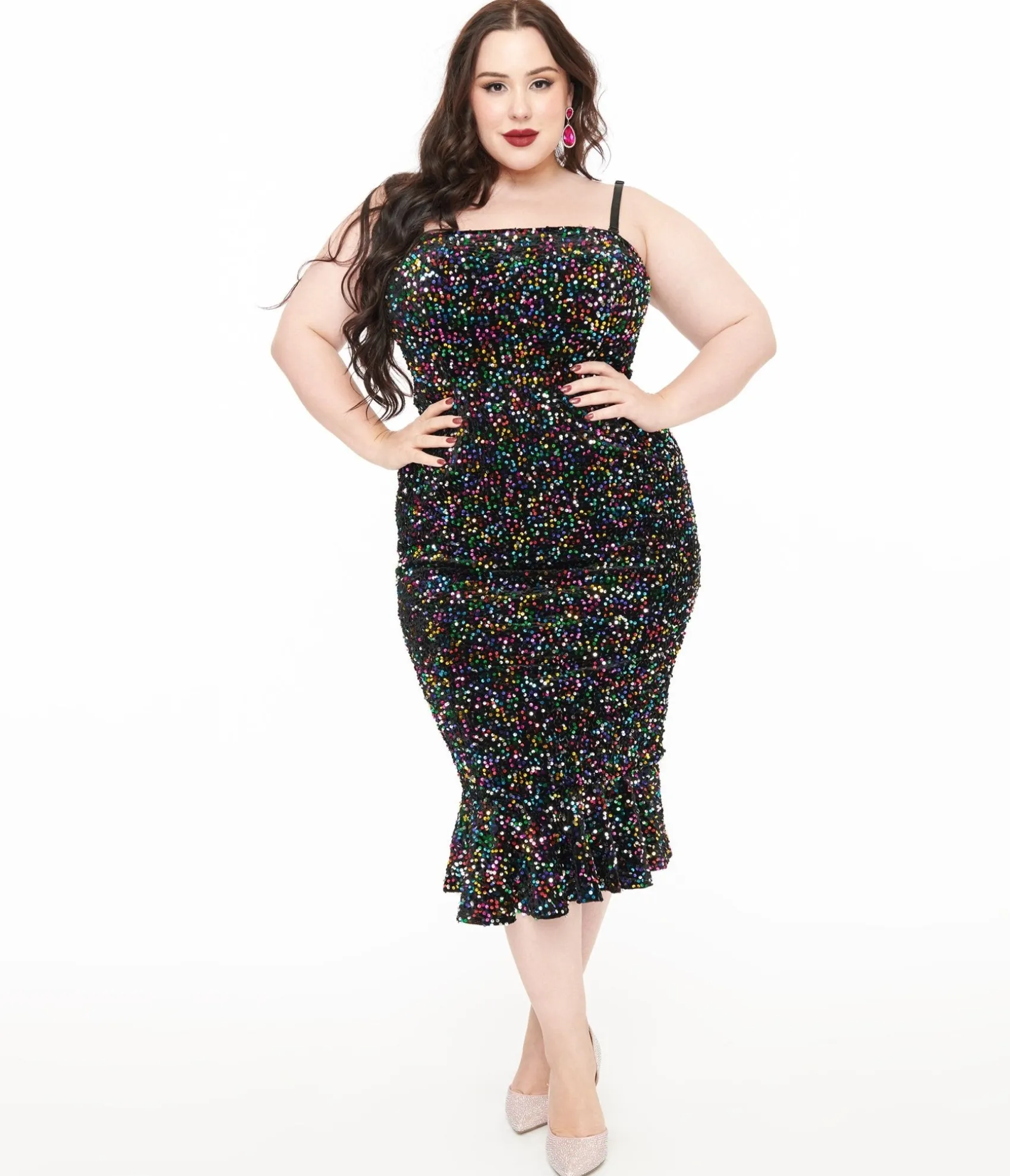 Unique Vintage Plus Size Rainbow Sequin Strapless Spotlight Wiggle Dress